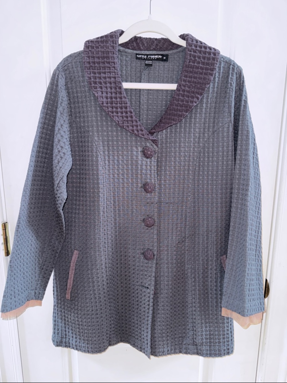 Unique Grayish/Green Quilted Button-Front Blazer With Fabric Tie Belt